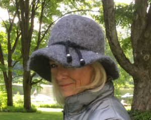 Suzie in handmade felted wool hat called Weston by Maria Nitzsche of Vermont Hats.