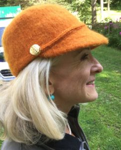 Suzie in handmade felted wool hat called Chester by Maria Nitzsche of Vermont Hats.